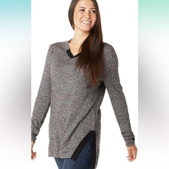 Smartwool Shadow Pine Tunic Sweater V-neck Size Medium Black Moonbeam Marl - Picture 1 of 13